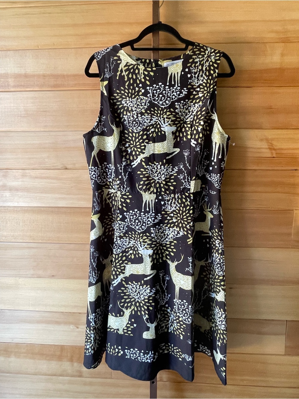 NWT Sleeveless Black Dress with Nature Inspired Gold Deer Print US 12